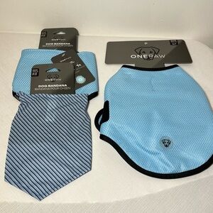 ONE PAW” Dog jacket & 2 Bandanas in Blue & Pink Plaid. NWT. New. Size Small-Med